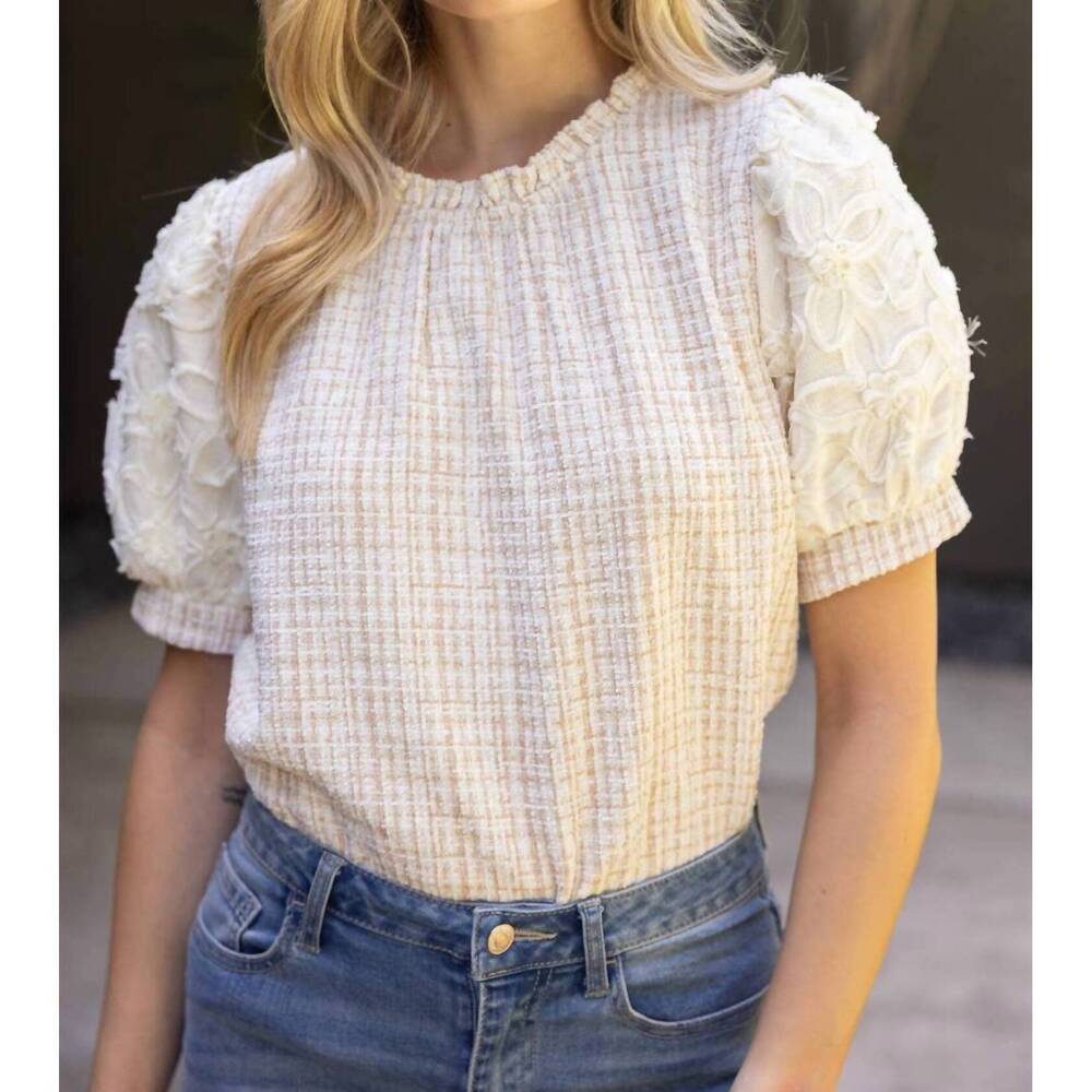NEW VOY floral lace sleeve plaid textured tweed top in cream